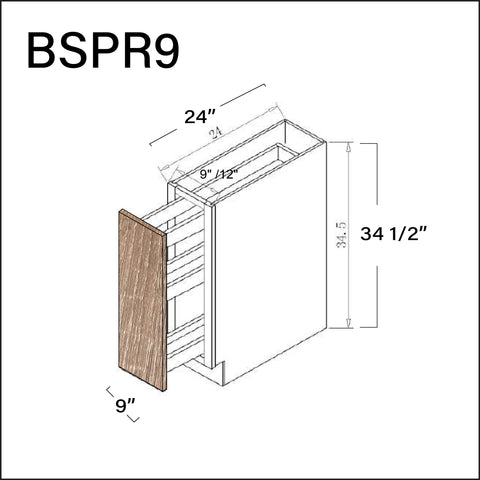 Textured Oak Frameless Base Spice Rack Cabinet - 9" W x 34.5" H x 24" D