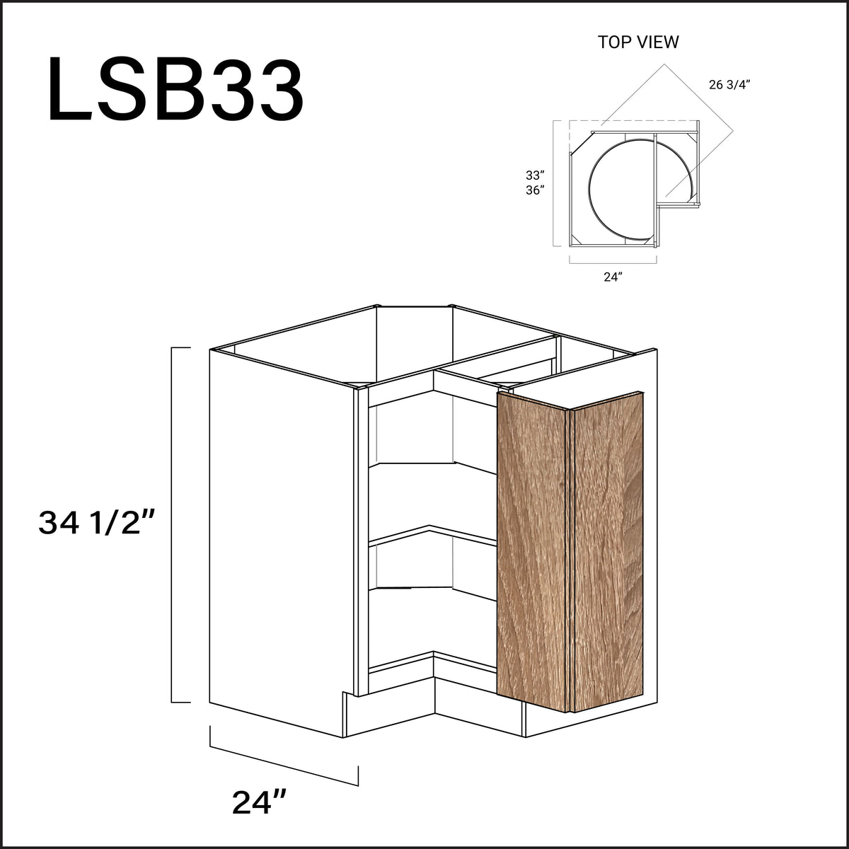 Textured Oak Frameless Lazy Susan Kitchen Cabinet - 33" W x 34.5" H x 24" D