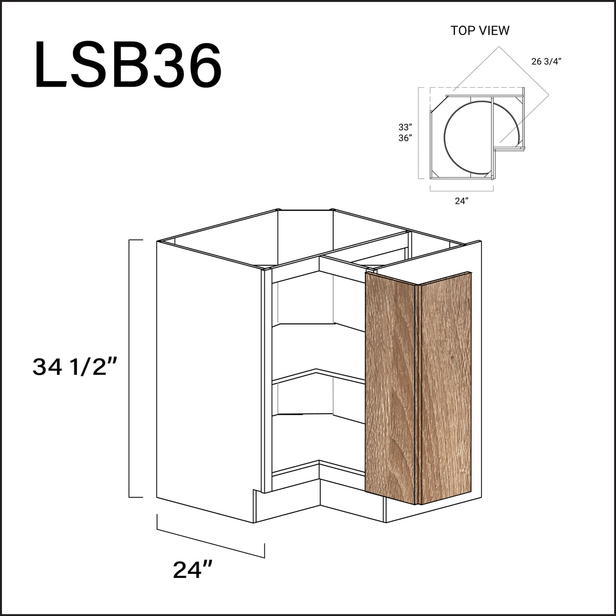 Textured Oak Frameless Lazy Susan Kitchen Cabinet - 36" W x 34.5" H x 24" D