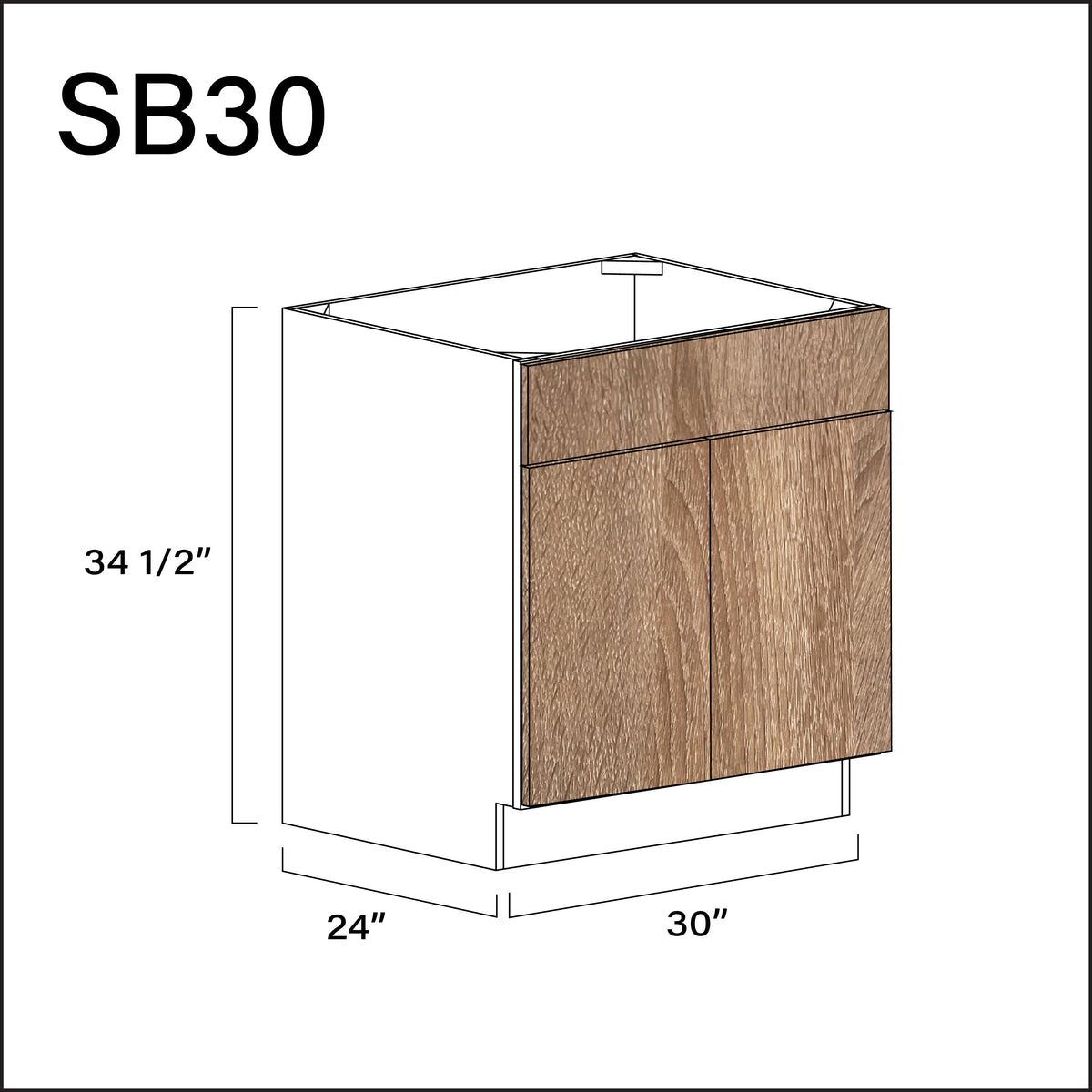 Textured Oak Frameless Sink Base Kitchen Cabinet - 30" W x 34.5" H x 24" D