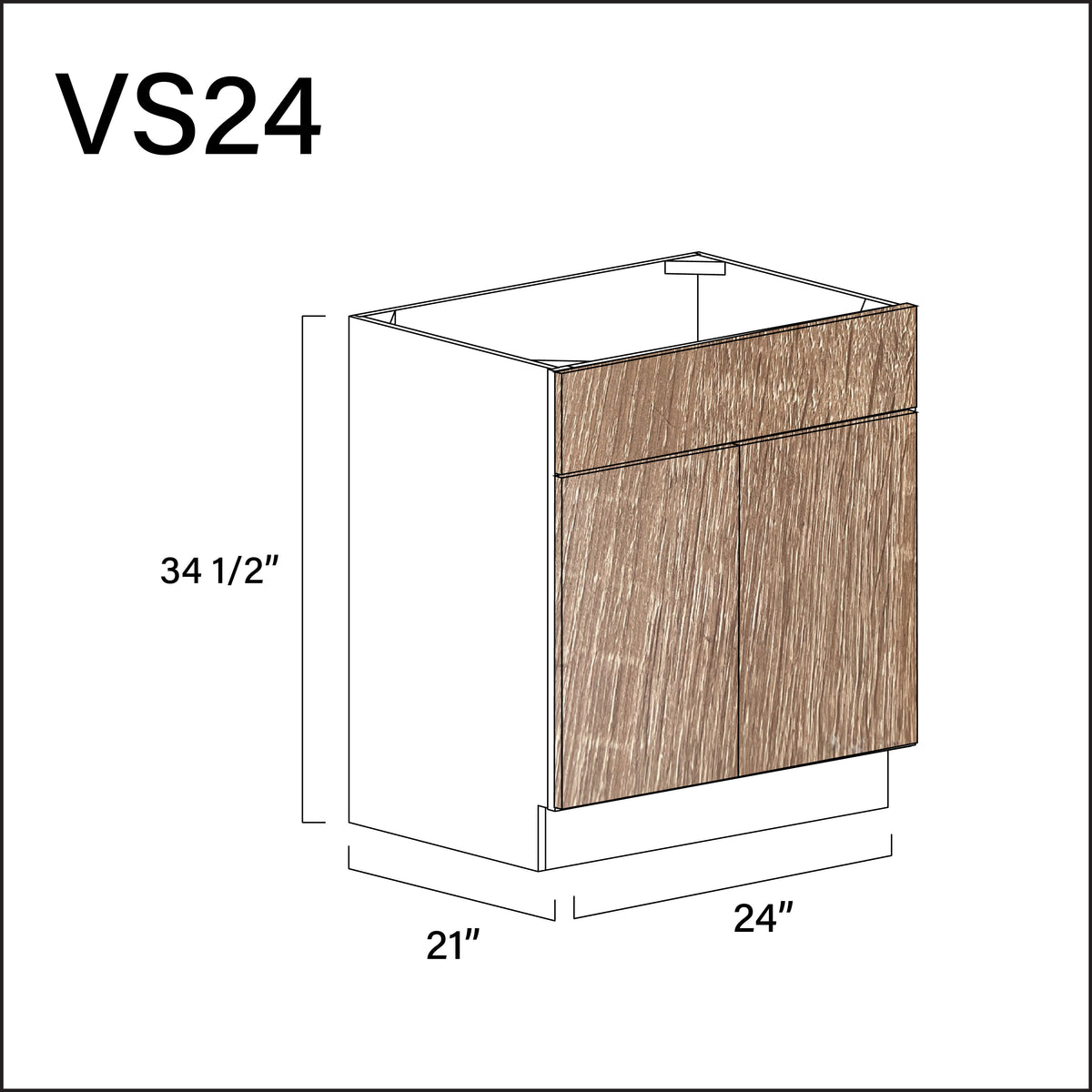 Textured Oak Frameless Vanity Sink Base Cabinet - 24" W x 34.5" H x 21" D