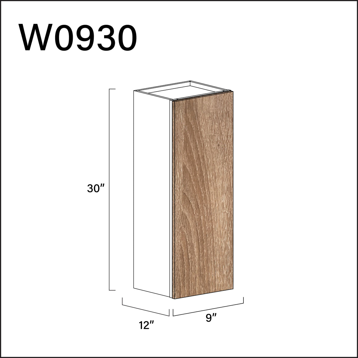 Textured Oak Frameless Single Door Wall Cabinet - 9" W x 30" H x 12" D
