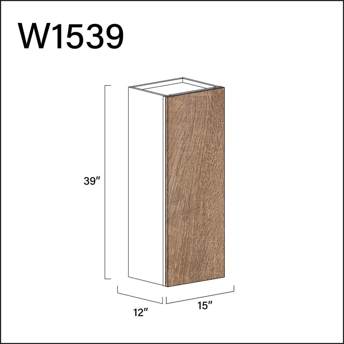 Textured Oak Frameless Single Door Wall Cabinet - 15" W x 39" H x 12" D