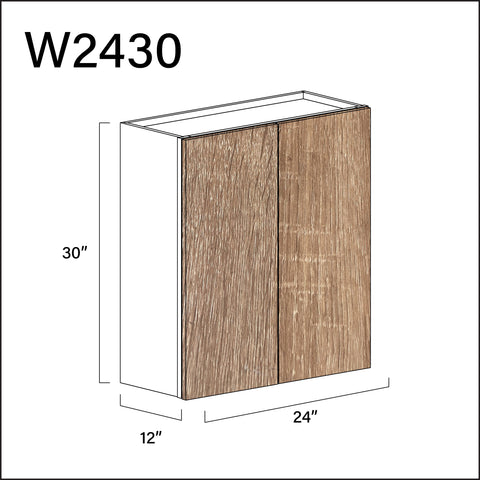 Textured Oak Frameless Double Door Wall Cabinet - 24" W x 30" H x 12" D