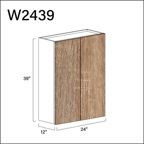 Textured Oak Frameless Double Door Wall Cabinet - 24" W x 39" H x 12" D