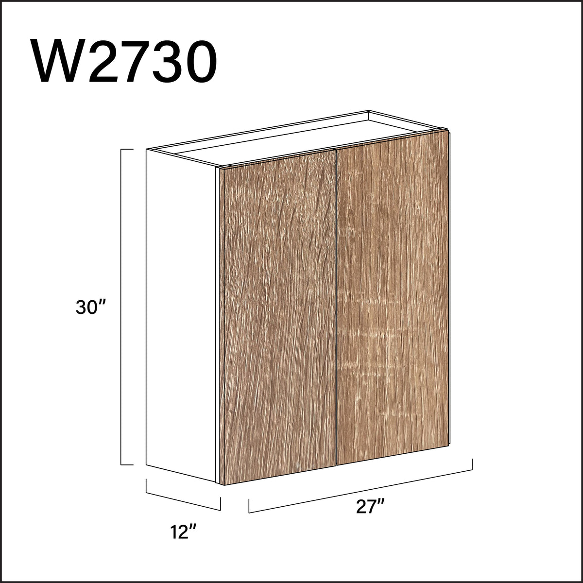 Textured Oak Frameless Double Door Wall Cabinet - 27" W x 30" H x 12" D