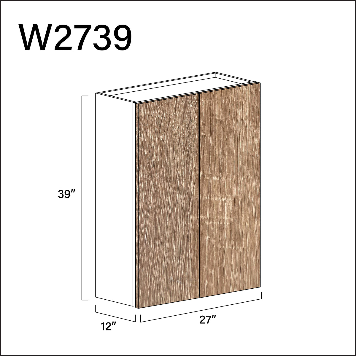 Textured Oak Frameless Double Door Wall Cabinet - 27" W x 39" H x 12" D