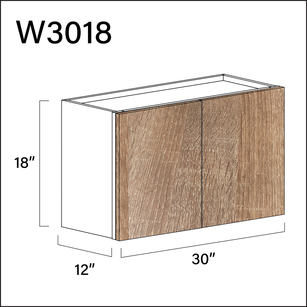 Textured Oak Frameless Double Door Wall Cabinet - 30" W x 18" H x 12" D