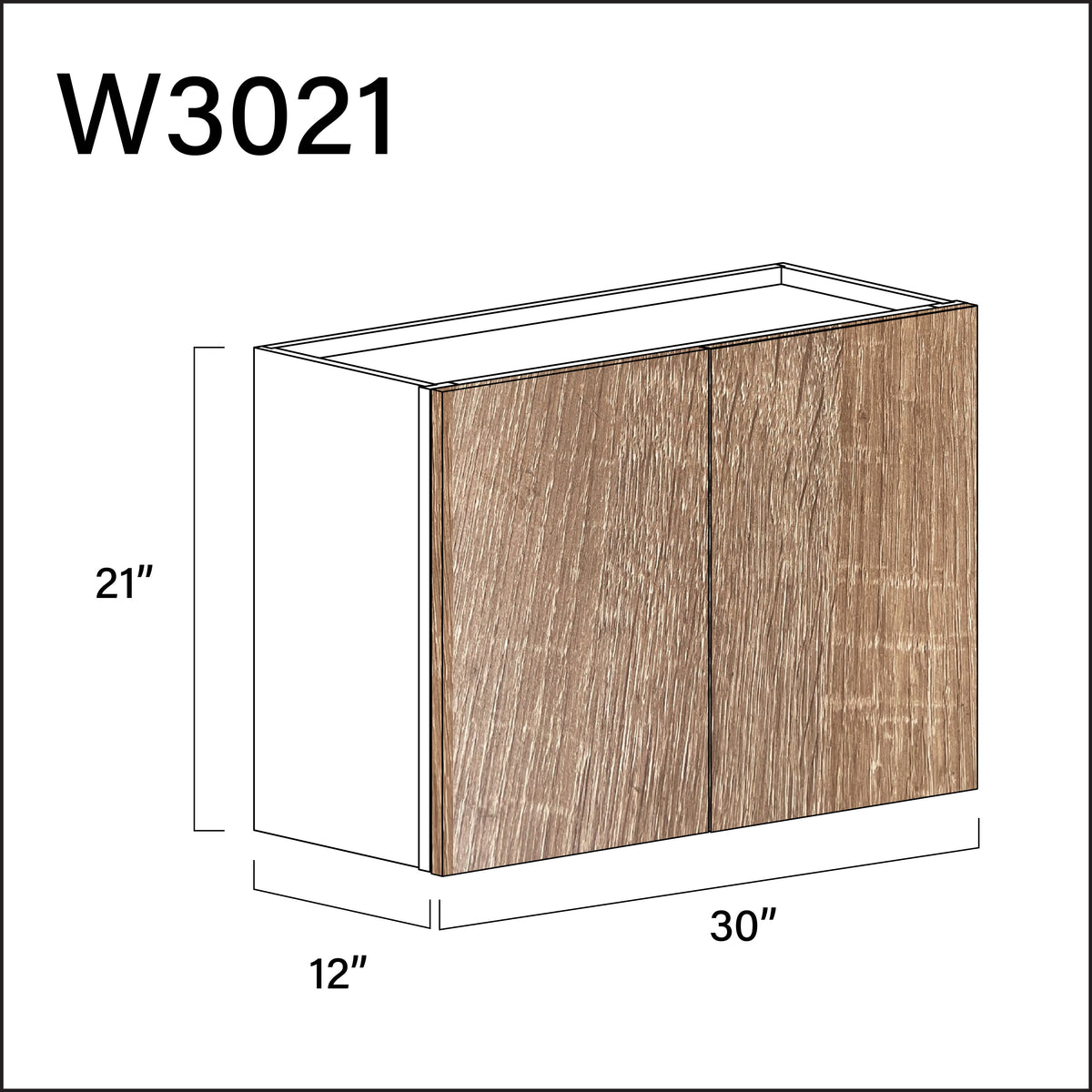 Textured Oak Frameless Double Door Wall Cabinet - 30" W x 21" H x 12" D