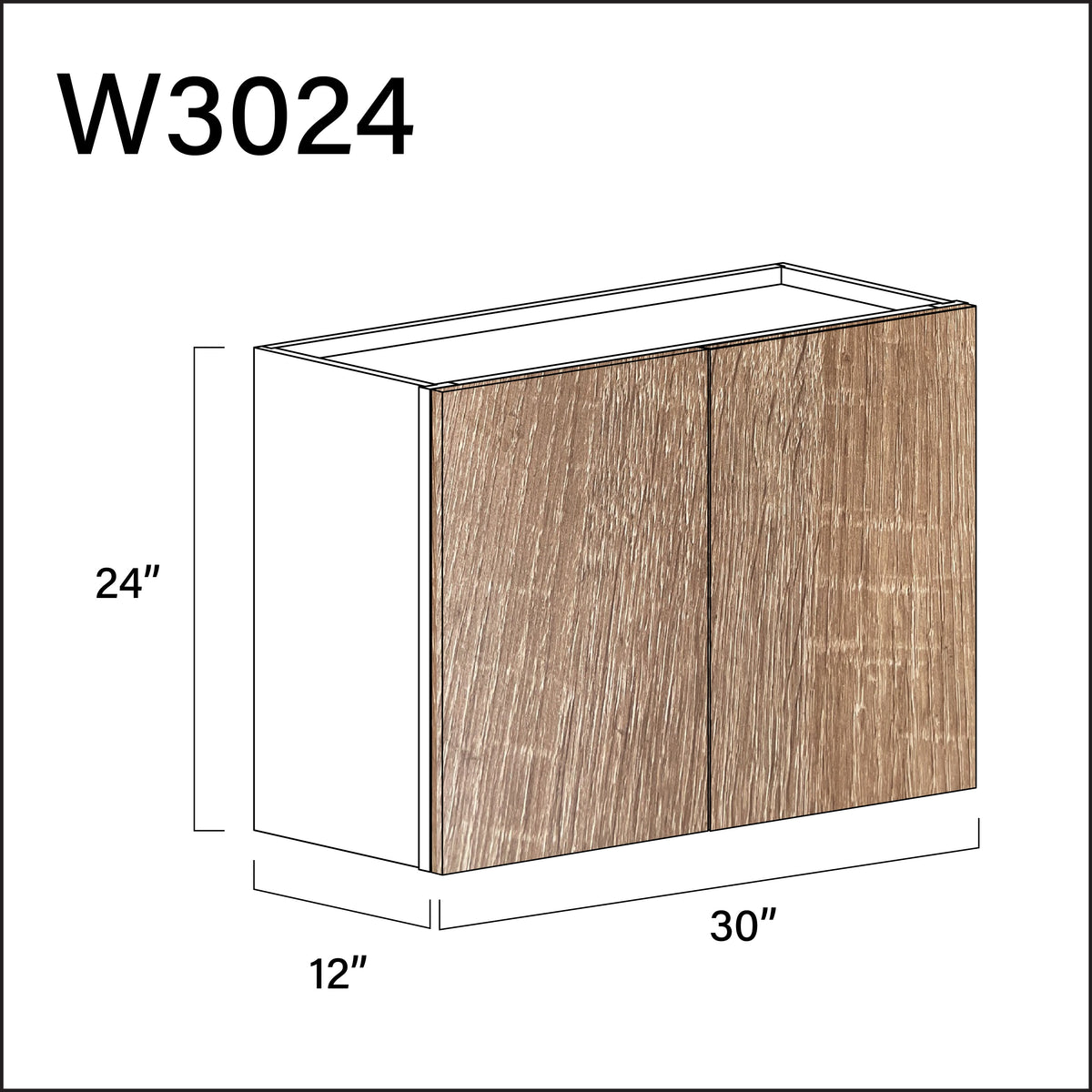 Textured Oak Frameless Double Door Wall Cabinet - 30" W x 24" H x 12" D