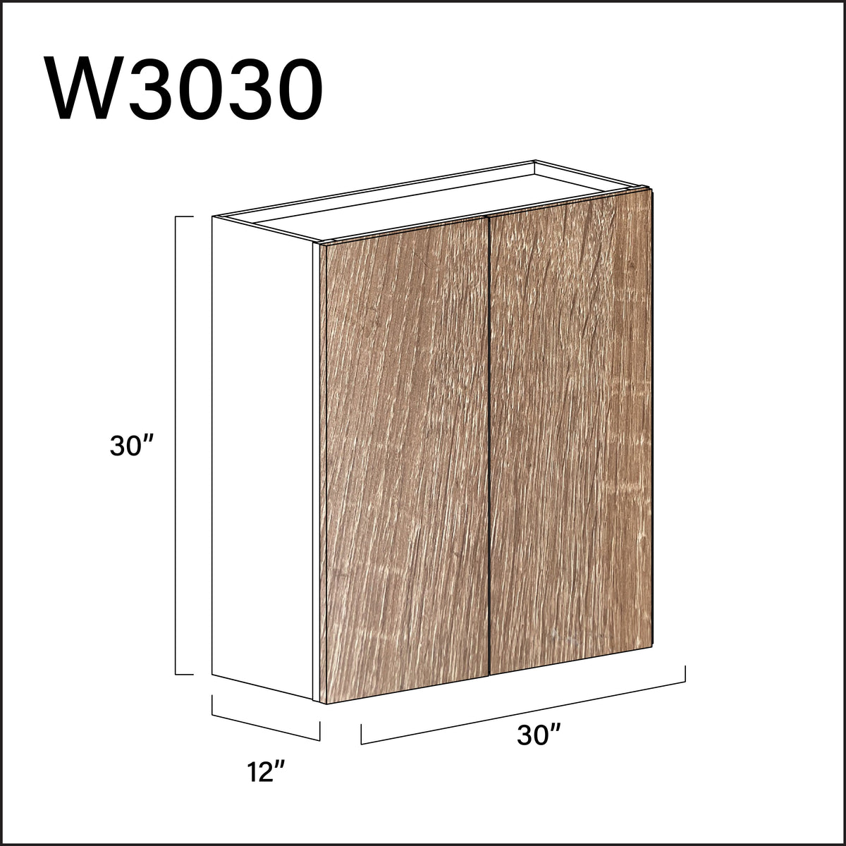 Textured Oak Frameless Double Door Wall Cabinet - 30" W x 30" H x 12" D