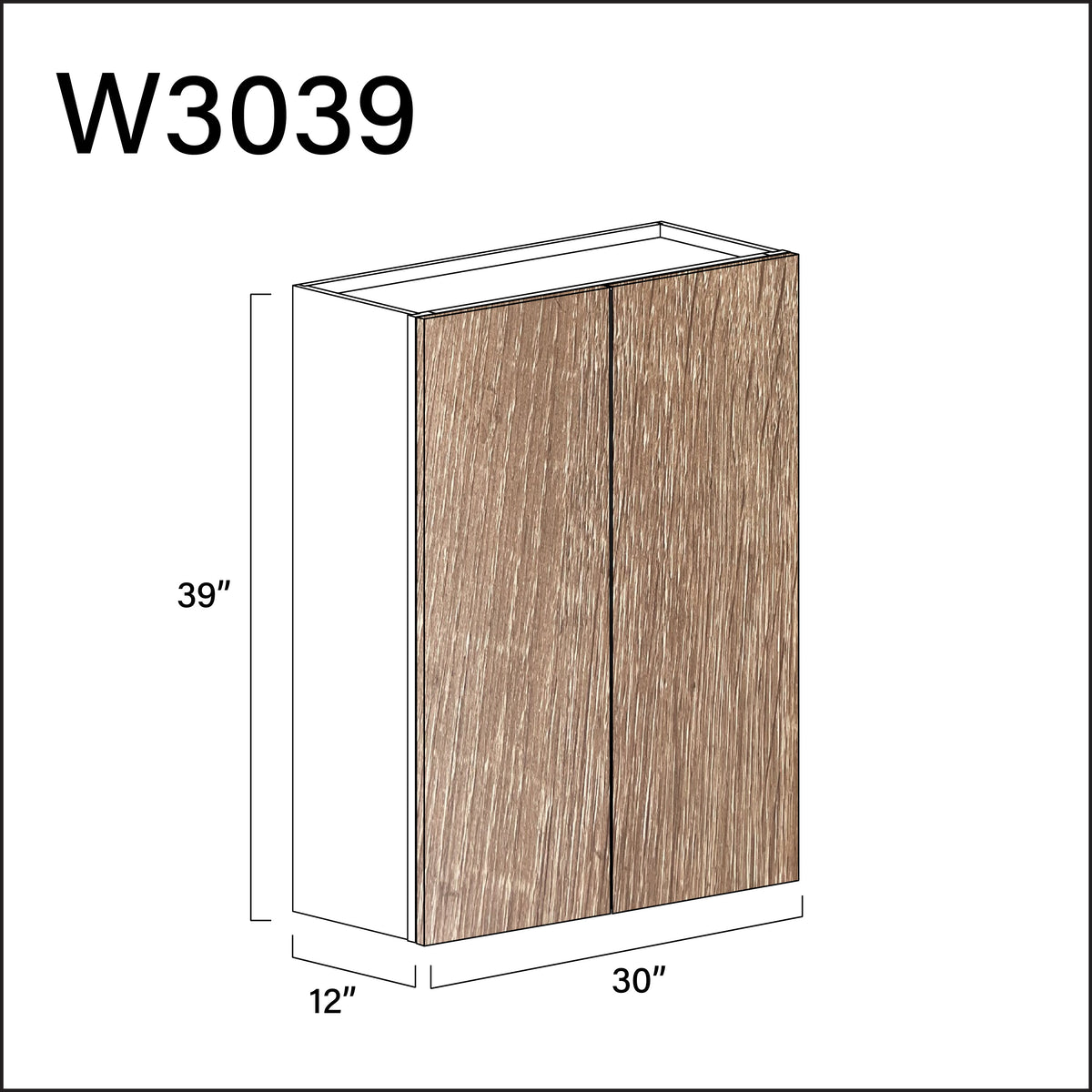 Textured Oak Frameless Double Door Wall Cabinet - 30" W x 39" H x 12" D