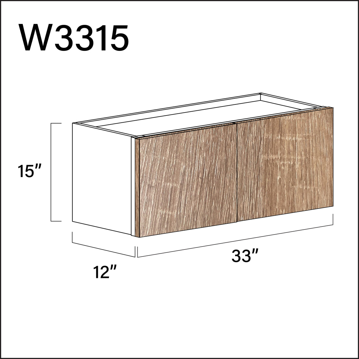 Textured Oak Frameless Double Door Wall Cabinet - 33" W x 15" H x 12" D