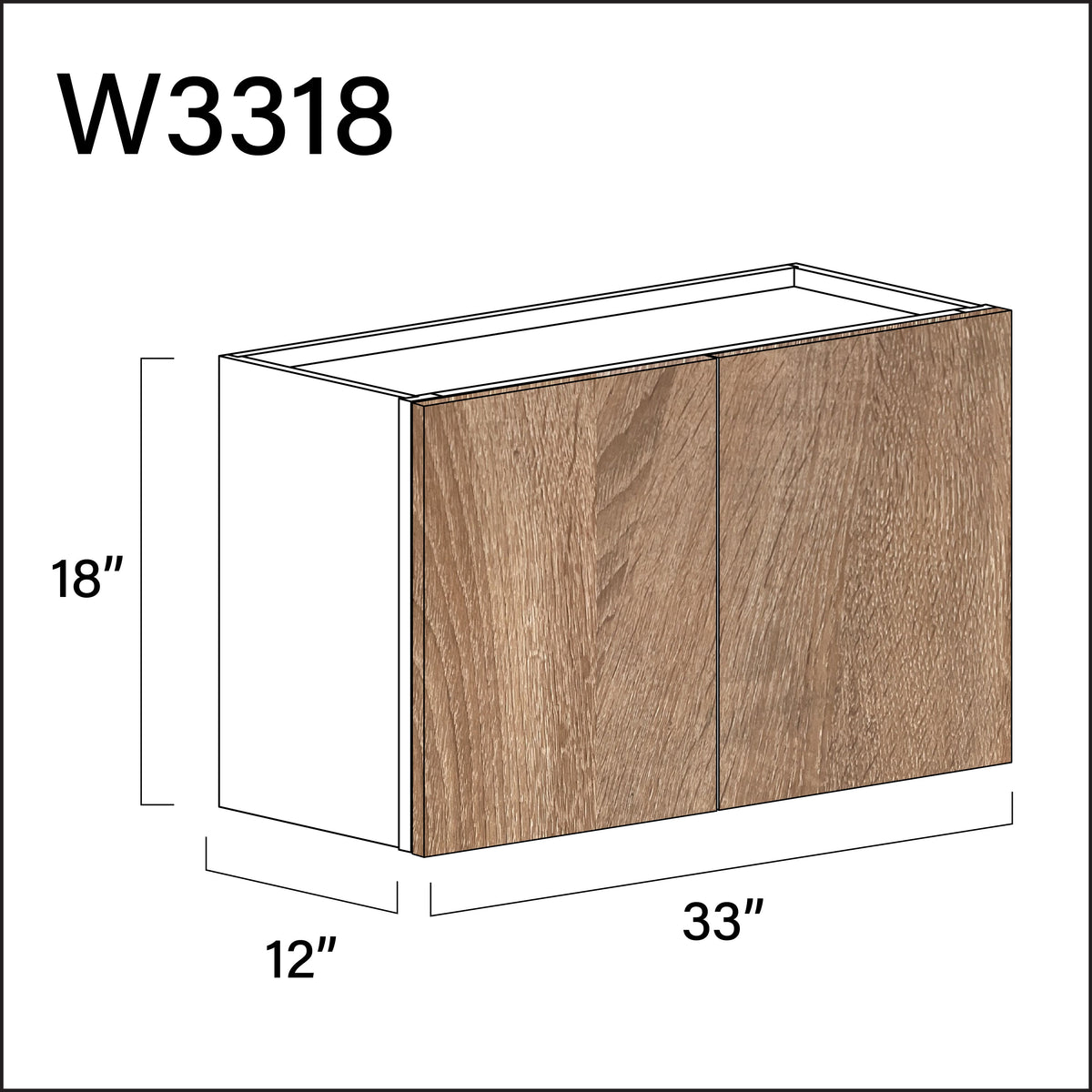 Textured Oak Frameless Double Door Wall Cabinet - 33" W x 18" H x 12" D