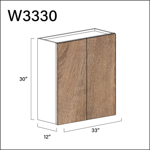 Textured Oak Frameless Double Door Wall Cabinet - 33" W x 30" H x 12" D