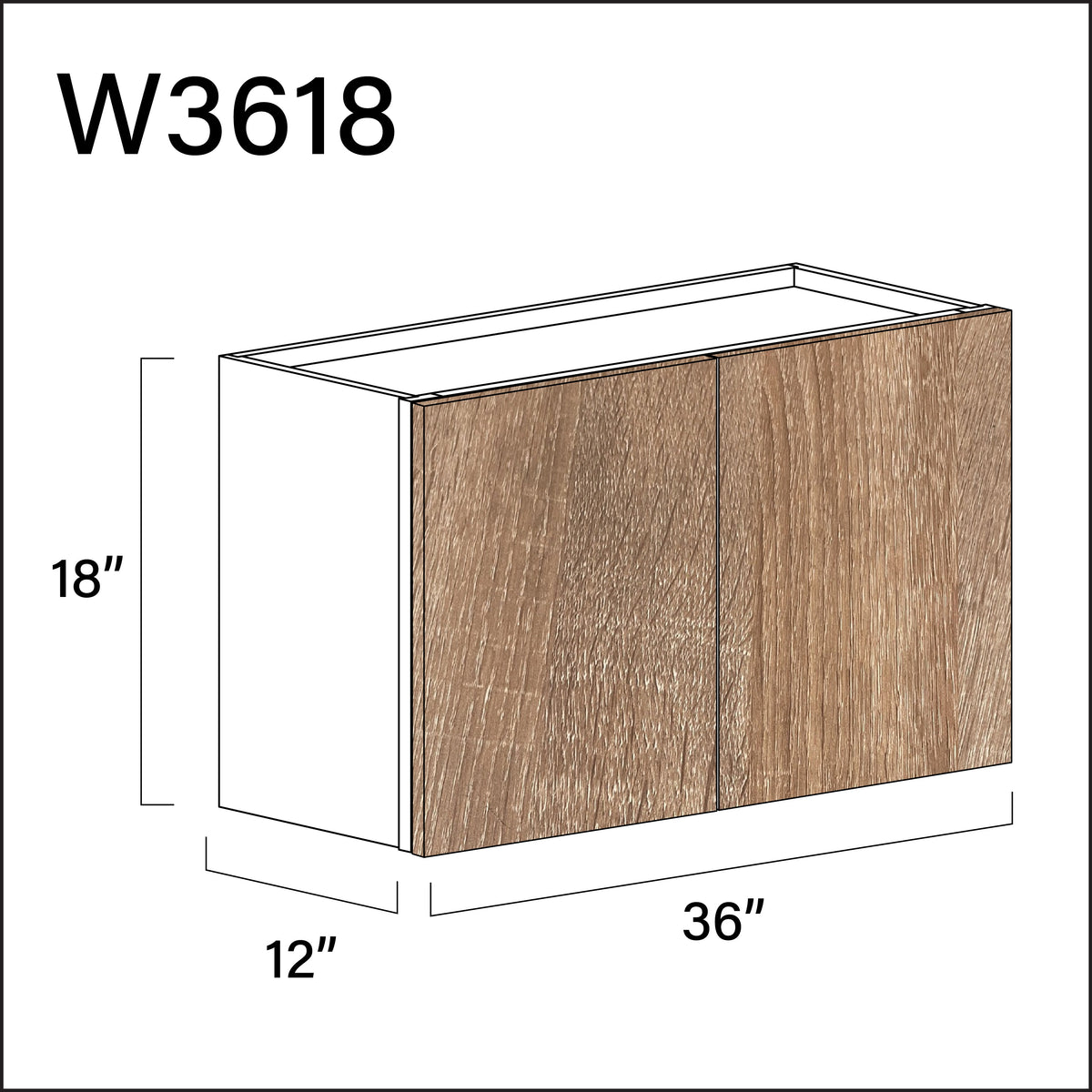 Textured Oak Frameless Double Door Wall Cabinet - 36" W x 18" H x 12" D