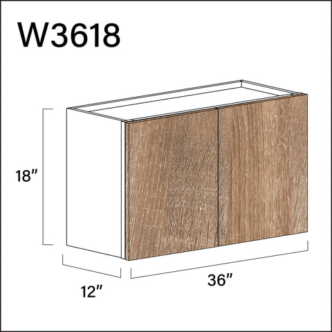 Textured Oak Frameless Double Door Wall Cabinet - 36" W x 18" H x 12" D