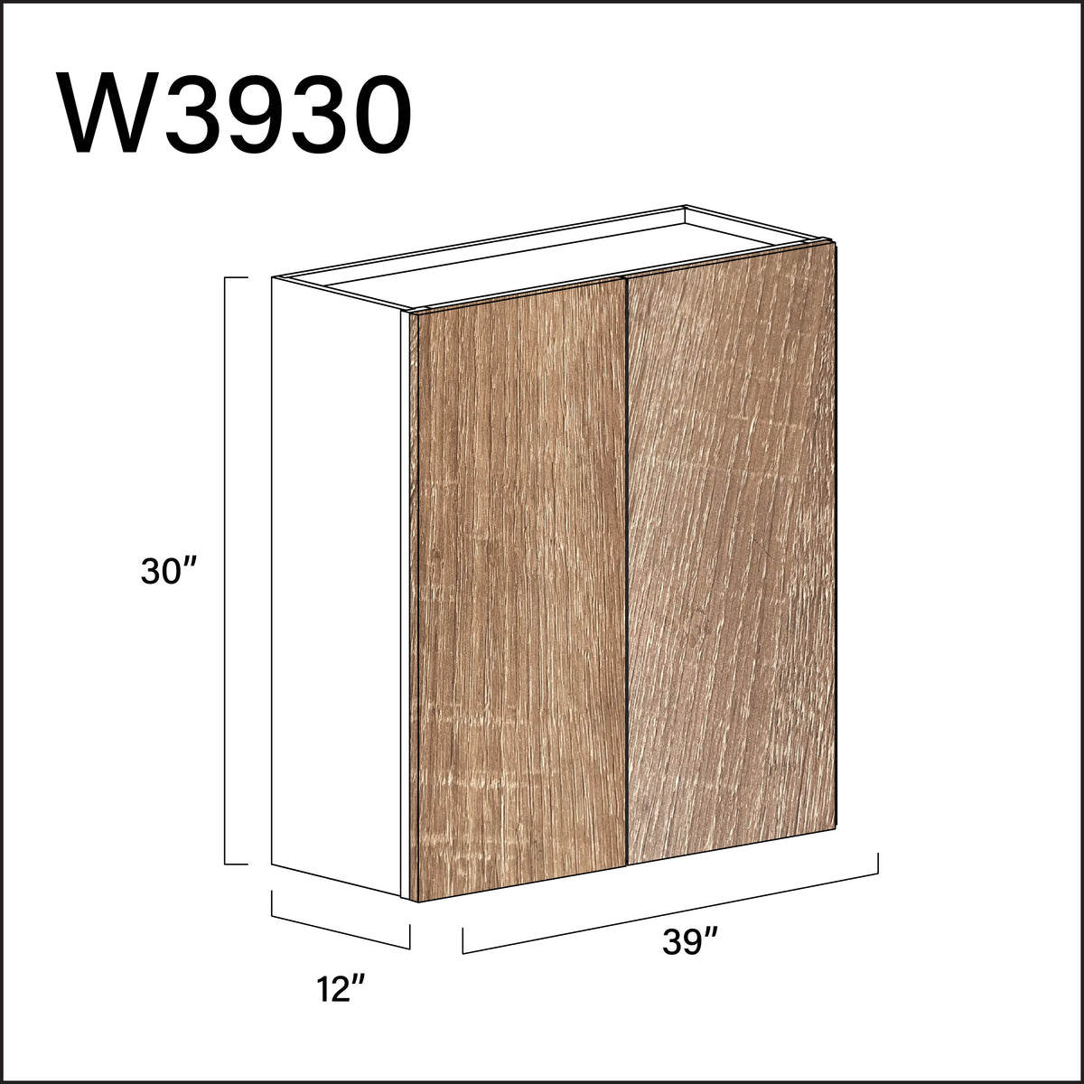 Textured Oak Frameless Double Door Wall Cabinet - 39" W x 30" H x 12" D