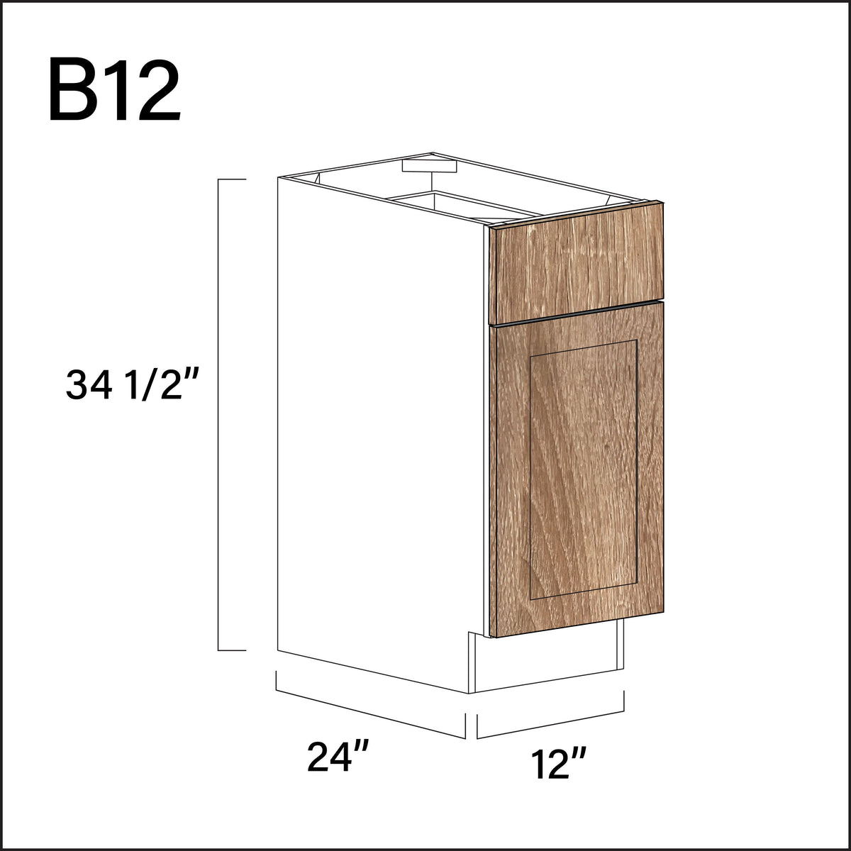 Textured Oak Shaker 1 Drawer 1 Door Kitchen Base Cabinet - 12" W x 34.5" H x 24" D