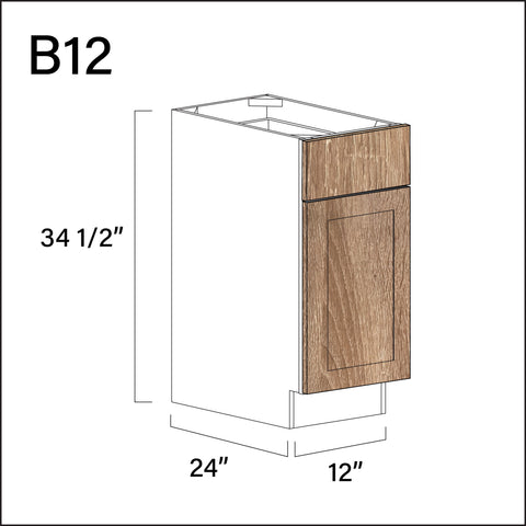 Textured Oak Shaker 1 Drawer 1 Door Kitchen Base Cabinet - 12" W x 34.5" H x 24" D