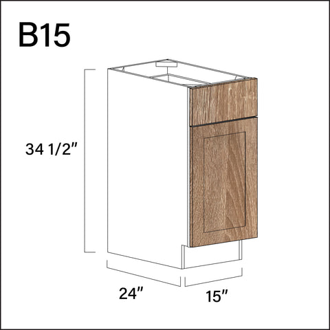 Textured Oak Shaker 1 Drawer 1 Door Kitchen Base Cabinet - 15" W x 34.5" H x 24" D