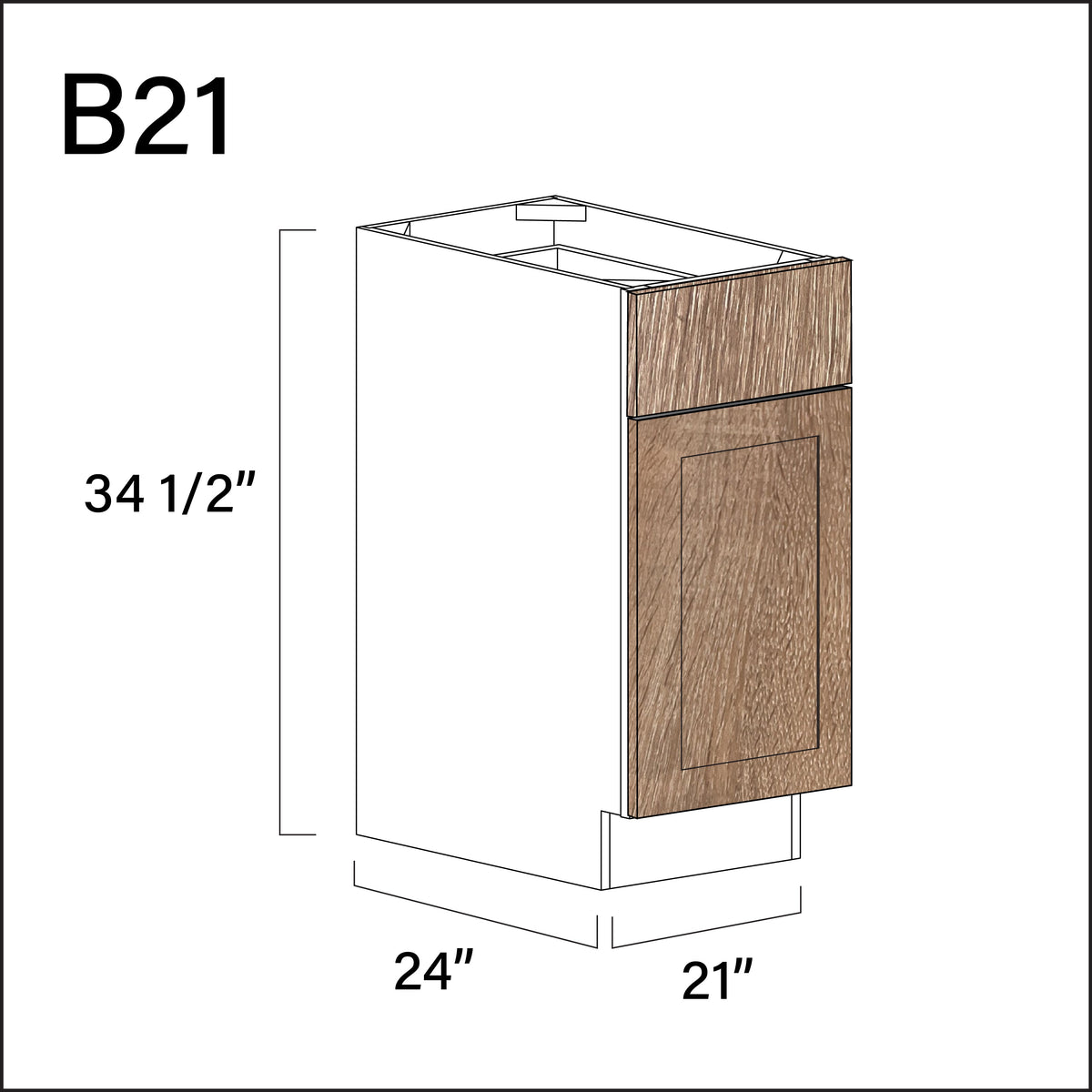 Textured Oak Shaker 1 Drawer 1 Door Kitchen Base Cabinet - 21" W x 34.5" H x 24" D