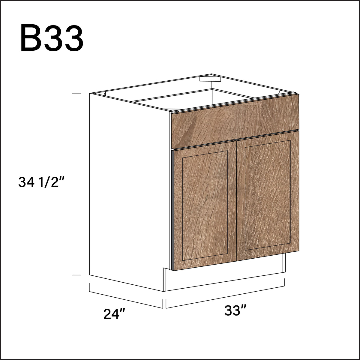 Textured Oak Shaker 1 Drawer 2 Door Kitchen Base Cabinet - 33" W x 34.5" H x 24" D