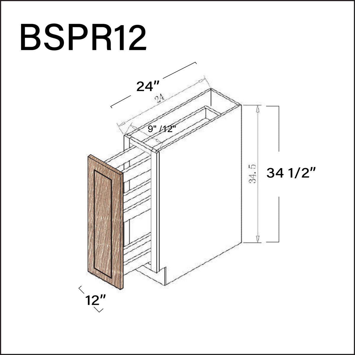 Textured Oak Shaker Base Spice Rack Cabinet - 12" W x 34.5" H x 24" D