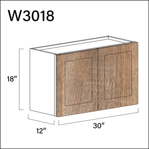 Textured Oak Shaker Double Door Wall Cabinet - 30" W x 18" H x 12" D